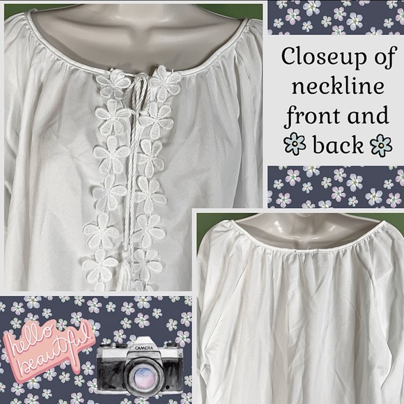 NWT WHITE LIGHTWEIGHT BLOUSE W FLORAL APPLIQUÉ &TASSEL TIESFITS CLOSER TO 3X - Picture 6 of 13